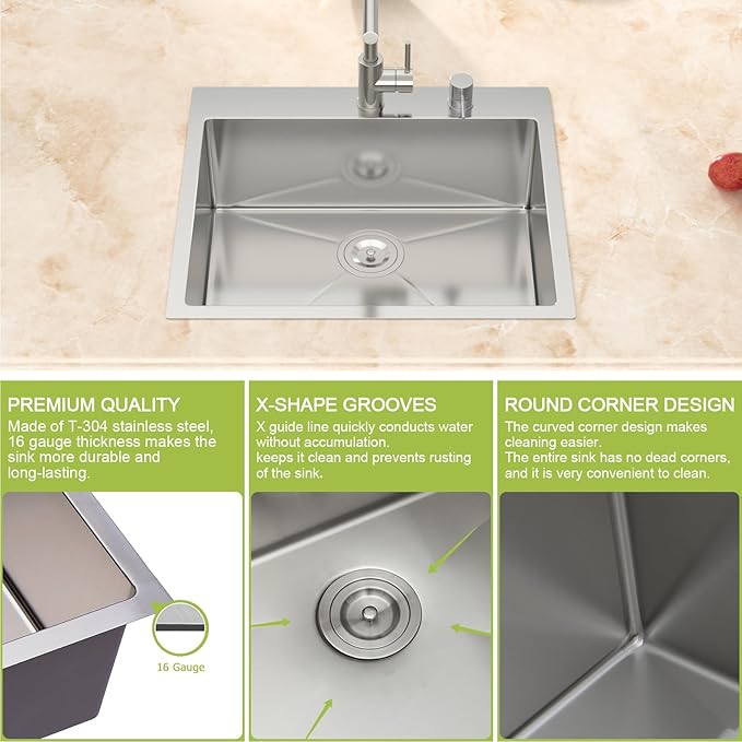 25 Inch Stainless Drop in Kitchen Sink - 25" x 22" Kitchen Sink Drop in Stainless Steel 16 Gauge 9" Deep Single Bowl Sink Basin RV Bar