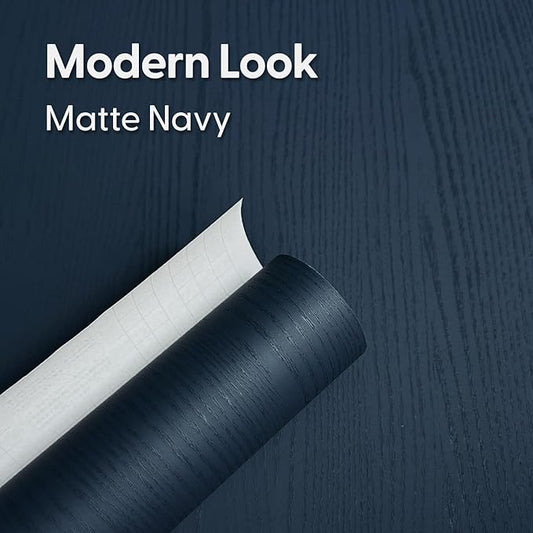 Peel and Stick Navy Blue Wood Contact Paper 17.3" x 118" Thick Waterproof Vinyl Wallpaper Roll Self Adhesive Modern Matte Wood Grain Decor Removable Film for Kitchen Countertops Cabinets