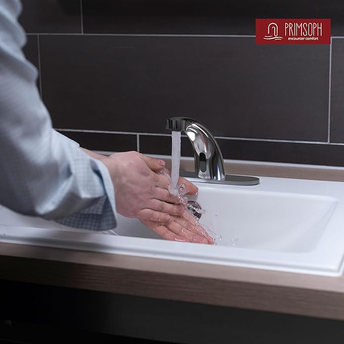 PRIMSOPH Automatic Motion Sensor Hands Free Electronic Infrared Smart Commercial Touchless Bathroom Sink Faucet with Cover Plate Temperature Mixer Battery or Plug-in Powered Chrome