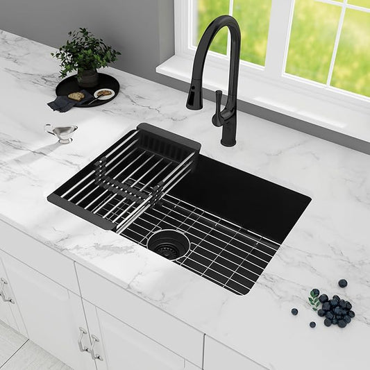 Black Kitchen Sink, Matte Black Granite Composite Kitchen Sink, 27 Inch Undermount Quartz Stone Kitchen Sinks, 27" x 18" x 9" Single Bowl Kitchen Sinks With Accessories