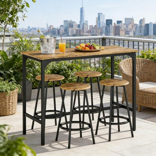 5-Piece Counter Height Bar Table and Chairs Set – Industrial Rustic Brown Wood & Black Metal Frame Dining Furniture for 4 – Space-Saving Kitchen Island with Stools