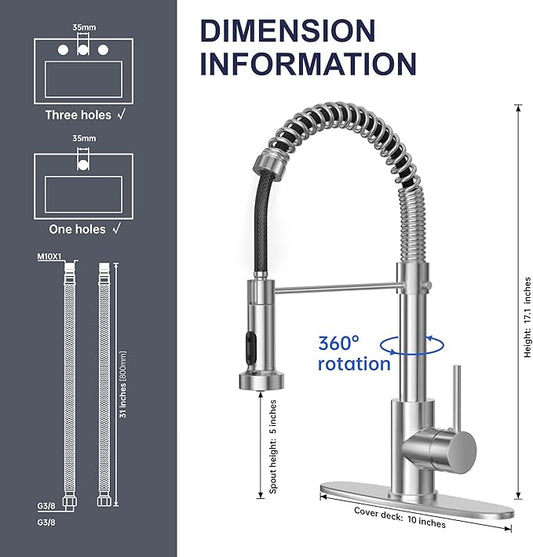Brushed Nickel Kitchen Faucet with Pull Down Sprayer, Stainless Steel Spring Commercial Kitchen Sink Faucet with 10-Inch Deck,1 or 3 Hole Installation for Farmhouse, RV Camper, Laundry & Utility Sink