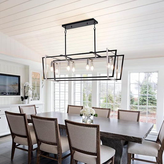 WJShome Dining Room Light Fixture/Chandelier Over Table, 8-Light Kitchen Island Lighting, 36" Hanging for Farmhouse Linear Chandeliers Modern Black and Brushed Nickel Ceiling Pendant Light Fixtures