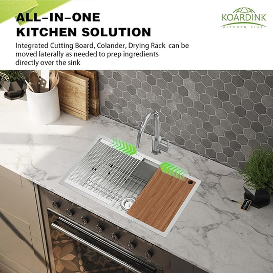 Kitchen Sink Workstation, 30x19 Inch Stainless Steel Drop In Kitchen Sink Modern Undermount Single Bowl Kitchen Sink Gift Combo-SS Grid,Drying Rack,Cutting Board,Utensil Rest, Drain Strainer Set