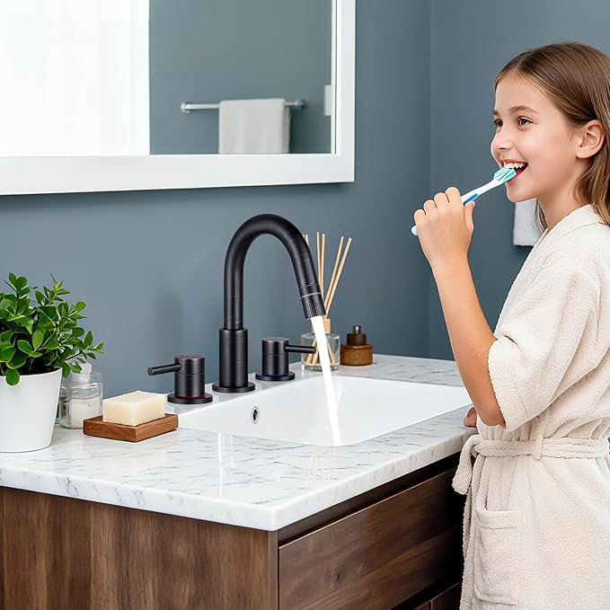 Oil Rubbed Bronze Bathroom Faucet 3 Hole with Pull Out Sprayer, Bathroom Sink Faucet with Pop Up Drain, 8 inch Widespread Faucet with 360° Swivel Spout, 2 Handle Vanity Faucet