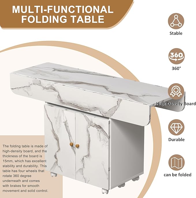 Modern Dining Table with Cabinet and Removable Wheels, Multi-Functional Kitchen Island, Side Table, Coffee Table, Console, Adjustable Design,White-MDF-2