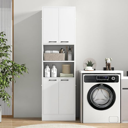 75” Kitchen Pantry Cabinet, Tall Freestanding Kitchen Hutch with 4 Doors, 2 Open Shelves & 4 Anti-Tipping Devices, Bathroom Storage Cabinet for Living Room, Dining Room (White)