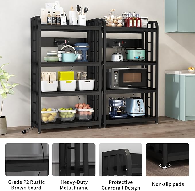 Bakers Rack with Power Outlet ,Microwave Stand 4-Tier Kitchen Baker's Rack, Free Standing Baker's Rack Kitchen Stands with Storage Suitable for Kitchen, Living Room, Dinning Room,Coffee Bar (Black)