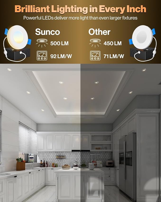 Sunco 6 Pack 3 Inch LED Slim Down Light with Night Light or Indoor Ceiling Fixture Home Living Room Bedroom, 500 Lumens, 6W (40W Equivalent), Selectable CCT 2700K/3000K/4000K/5000K/6000K, Dimmable