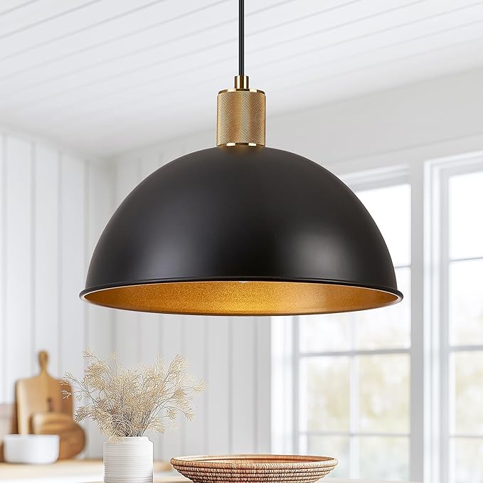 12 Inch Black Dome Pendant Lights 3 Pack for Kitchen Island, Height Adjustable Farmhouse Industrial Hanging Light Fixtures Over Table for Dining Room, Entryway