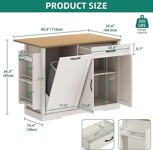 YITAHOME 50 Inch Rolling Kitchen Island with Trash Can Storage Cabinet & Drop Leaf, Portable Mobile Islands Table Long Floating Movable w Wheels Drawer Cabinet for 13 Gallon Garbage Bin, Off White