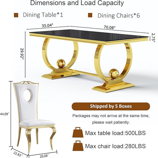7-Piece Modern Luxury Dining Table Set, 70" Black Tempered Glass Kitchen Table with Gold Polished Stainless Steel U-Shaped Pedestal Base and 6 White Hollow-Out Design Chairs for Dining Room, Office