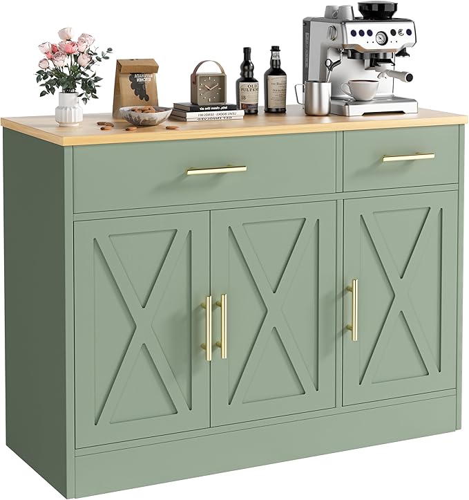 Vongrasig 43” Sideboard Buffet Cabinet with Storage, Farmhouse Coffee Bar with Drawers and Shelves, Wood Buffet Table for Kitchen, Dining Room, Green