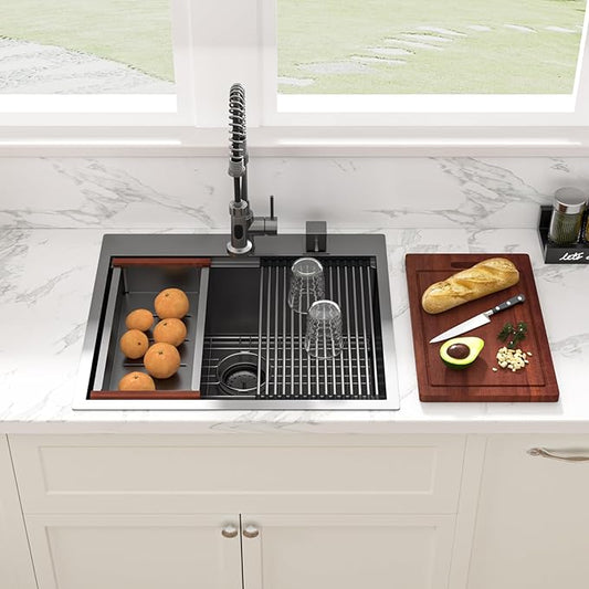 25 Black Drop Kitchen Sink - Sarlai 25 x 22 Inch Kitchen Sink Topmount Ledge Workstation Gunmetal Black Stainless Steel 16 Gauge Single Bowl Over Counter Utility Laundry Sinks Basin