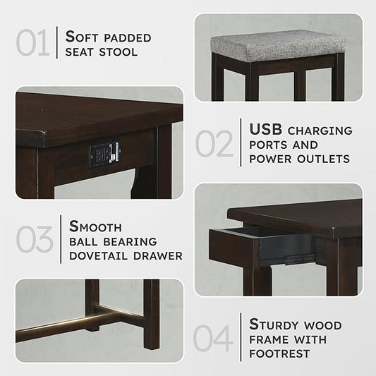Lexicon Oreille Bar Table with Stools Set, Modern Console Table with Stools - 4-Piece Set with 2 USB Ports & A/C Power Outlets, Counter Height, Discrete Drawer, Perfect Dining Room & Kitchen Espresso