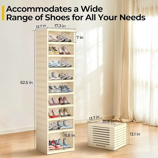 GCCSJ 9-Tier 18 Pairs Foldable Shoe Rack Organizer, Plastic Collapsible Shoe Shelf, Folding Shoe Box Storage Cabinet with Magnetic Clear Door Easy Assembly for Entryway, Bedroom, Living Room