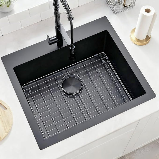 Black Kitchen Sink 25"x22",Drop In Laundry Utility Sink,25 Inch Black Sink 16 Gauge Stainless Steel,Top Mount Single Bowl Deep Kitchen Sinks