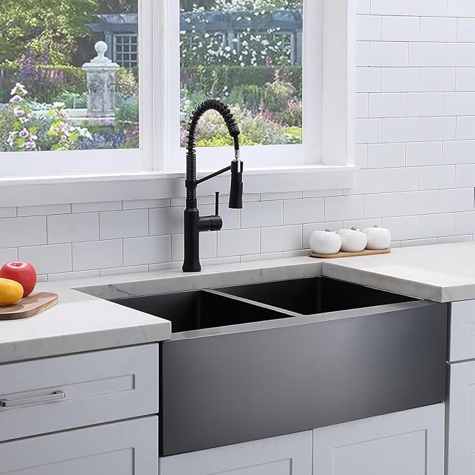 SHACO 33 Inch Black Double Bowl Divided 50/50 Farmhouse Sink, 33x21 Gunmetal Black Stainless Steel Undermount Apron Front Farm Kitchen Sink