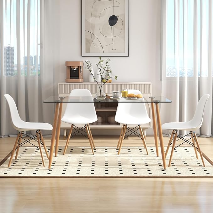 Giantex Dining Table Set for 4, Rectangular Glass Dining Table & 4 White DSW Chairs, 5-Piece Modern Dinette Set for Breakfast Nook, Dining Room, Kitchen, Living Room, White