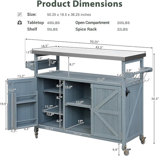 50.25" Kitchen Island Rolling Bar Cart & Storage Cabinet,Farmhouse Solid Wood Outdoor Grill Table with Stainless Steel Top and Spice, Towel Rack for BBQ,Grey Blue