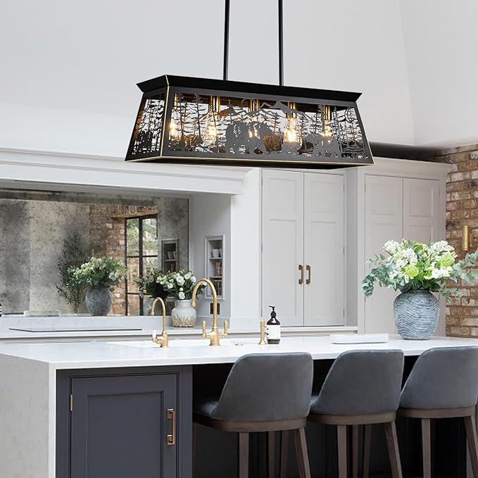 Farmhouse Rustic Dining Room Light Fixture with Bear Design, Black Kitchen Island Lighting, Black Rectangle Chandeliers,Rustic Chandelier for Dining Room Kitchen Island (32-Inch 5-Light)