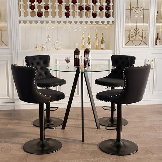 yeag 5 PCS Round High Top Bar Table and Chairs Set, 31.5 Inches Glass Bar Table with 4 Velvet Bar Chairs Swivel Island Chairs for Bistro Pub (Black Metal Legs, Clear Top + Black Chair)