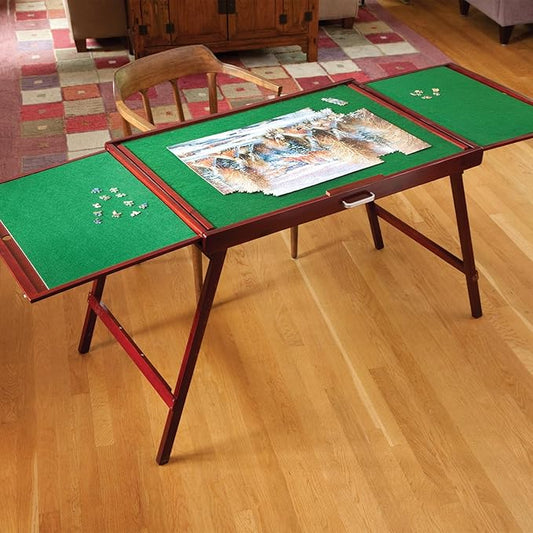 Bits and Pieces Fold-and-go Wooden Jigsaw Puzzle Table with Legs Folding Puzzle Board 1500 Pieces, Non-Slip Top, Carry Handle, 2 Felt Sorting Areas 66" x 25" Work Surface