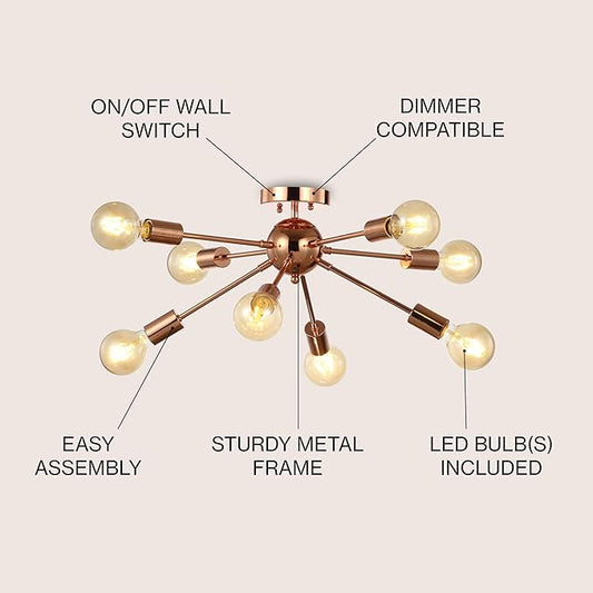 JONATHAN Y 30.5" Copper 8-Light Iron Sputnik Flush-Mount, Mid-Century Modern Space Age Ceiling Light for Low Ceilings, Glam Decor, ETL Listed, LED Bulbs Included JYL7459A