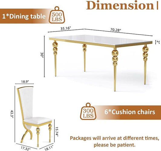 Glass Dining Table Set for 6, Luxurious 70 Inch Rectangular Glass Kitchen Table with 6 White High Back Leather Chairs, for Dining Room, Restaurant, Living Room (White Top)
