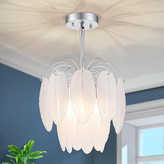 LumFurn D12 inch Glass Chandeliers, 3-Light Modern Pendant Light Fixture for Dining Room, Living Room, D12x18~47 in(Adjustable Height), White Frosted Glass Feather Shade & Silver Finish Frame