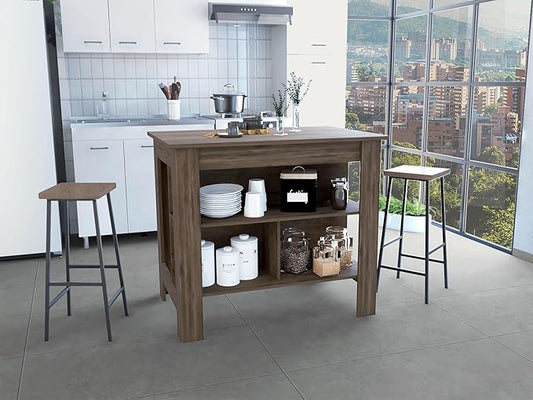Kitchen Island Kitchen Table 35" H Four Legs with 3 Open Storage Shelves Wide Top for Meal Prep Spacious Leg Room Practical(Gray)