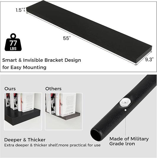 Venusmiles Floating Shelves for Wall, Engineered Wood Wall Shelves with Invisible Brackets for Living Room Bedroom Bathroom Office Kitchen Decor and Storage (Black, 55" W x 9" D x 1.5" H) Set of 1