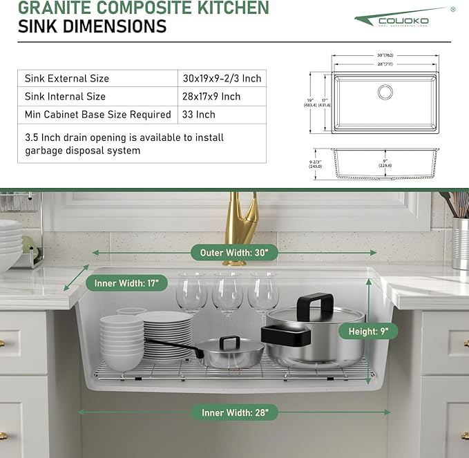30 Inch White Undermount Kitchen Sink Workstation - Couoko White Granite Composite Undermount Kitchen Sinks Quartz Classic Under Counter Single Bowl Sinks Basin with Luxury Accessories, 30"x19"x10"