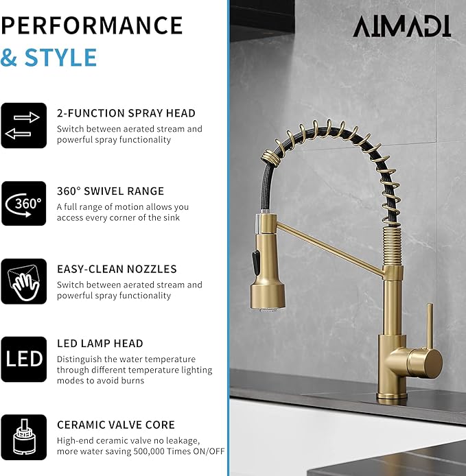 Gold Kitchen Faucet with Sprayer,AIMADI Modern Single Handle Spring Brushed Gold Pull Down Kitchen Faucet with LED Light