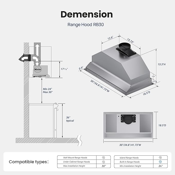 VIKIO HOME Range Hood Insert 36Inch,Built-in Kitchen Hood with 980 CFM, Ducted/Ductless Convertible Duct,Stainless Steel Kitchen Vent Hood/Gesture/Touch Control, 2 Pcs Baffle Filters with Handlebar
