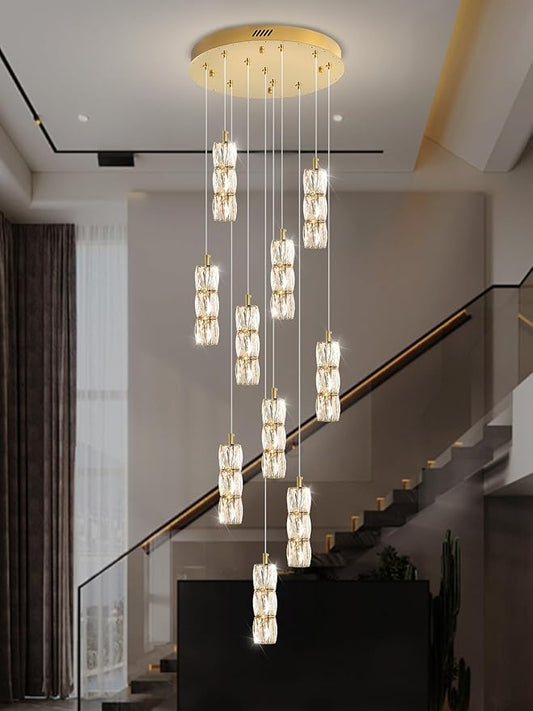 ykolupty Large Chandeliers for Living Room Modern Crystal Gold Chandeliers Spiral Staircase Pendant Light High Ceiling Lamp Fixture for Foyer Entrance Dimmable 2700-6000K