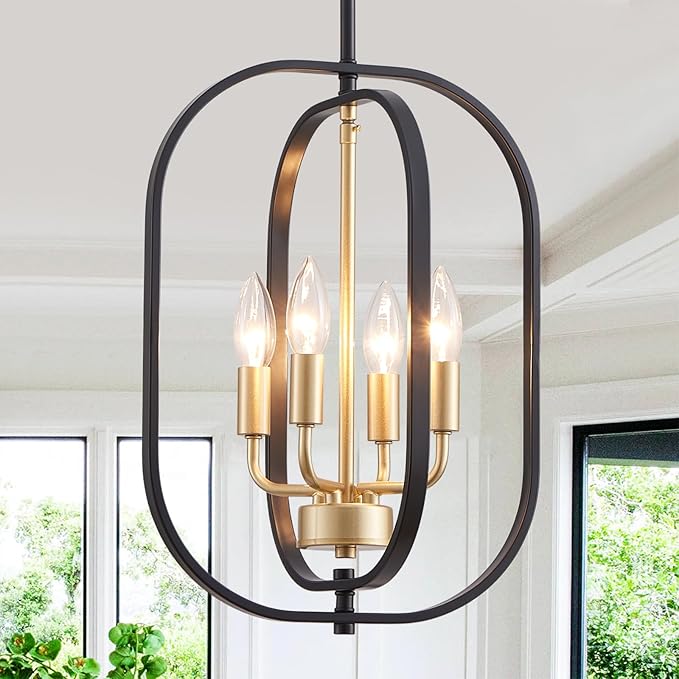 XINGQI Modern Black Gold Chandelier Farmhouse 4-Light for Dining Room, Geometric Adjustable Rustic Pendant Lighting Fixture for Entryway Living Room Kitchen Foyer