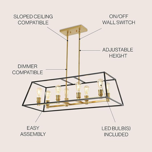 JONATHAN Y 35" Black/Brass Gold Farmhouse Industrial 8-Light Iron LED Pendant Light for Kitchen Island Dining Room, Modern Cage Lantern, Adjustable Height, 4 Bulbs Included (JYL6511A)