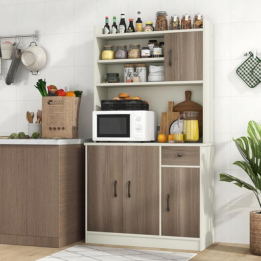 Giantex 71" Buffet Hutch Cabinet with Power Outlet, Kitchen Hutch Sideboard, Buffet Pantry on Island, Wood Kitchenware Server with Drawer, Shelf and Storage Cabinet (White & Walnut)