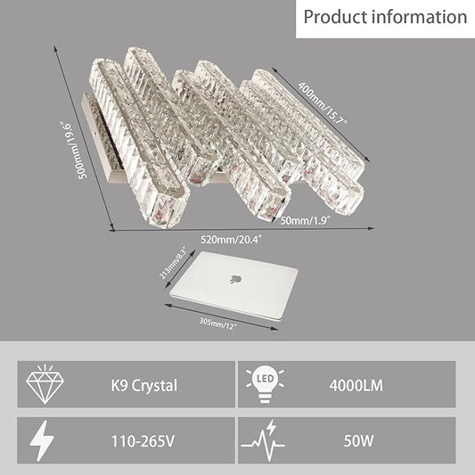 Modern Crystal Chandeliers 6 Lights LED Flush Mount Ceiling Light 20.4" Large Rectangle Chandelier Ceiling Lighting Fixture for Living Room Bedroom (Cool White)