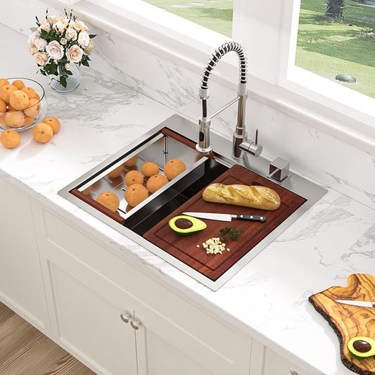 Sarlai 25 Kitchen Sink Drop-In Workstation - 25 x 22 Inch Topmount Ledge Stainless Steel 16 Gauge Single Bowl Over Counter for Kitchen, Laundry, Utility Room