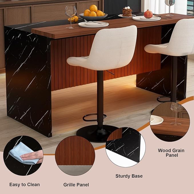 63" Modern Kitchen Island Set with 4 Beige Stools Black Marble Look, Led Lighting & Grill Design Durable, Versatile Dining Room & Open Concept