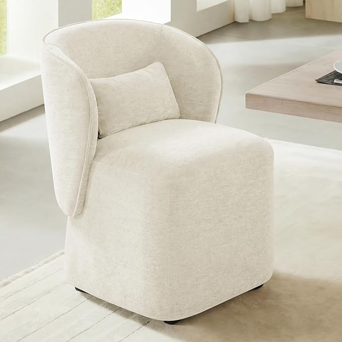 KISLOT Upholstered Dining Chairs with Wheels, Easy Assembly Stain Resistant Fabric Modern Barrel Armchair with Lumbar Cushion, Dining Room Chairs for Kitchen Living Room Bedroom, Beige, Set of 4