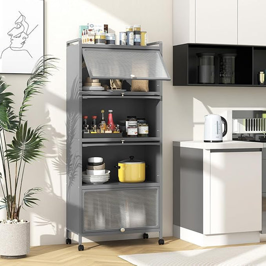 Giantex 5-Tier Kitchen Storage Cabinet, Mobile Microwave Stand with Flip-up PC Doors, Freestanding Kitchen Bakers Rack with 4 Rolling Casters, for Dining Room, Living Room and Study, Grey