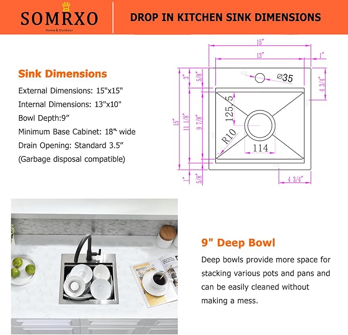 15x15 Black Bar Sink Drop In - 16 Gauge Black Stainless Steel Small Kitchen Sink, 9" Deep Single Bowl Workstation Sinks with Accessories for RV, Outdoor Kitchen & Wet Bar