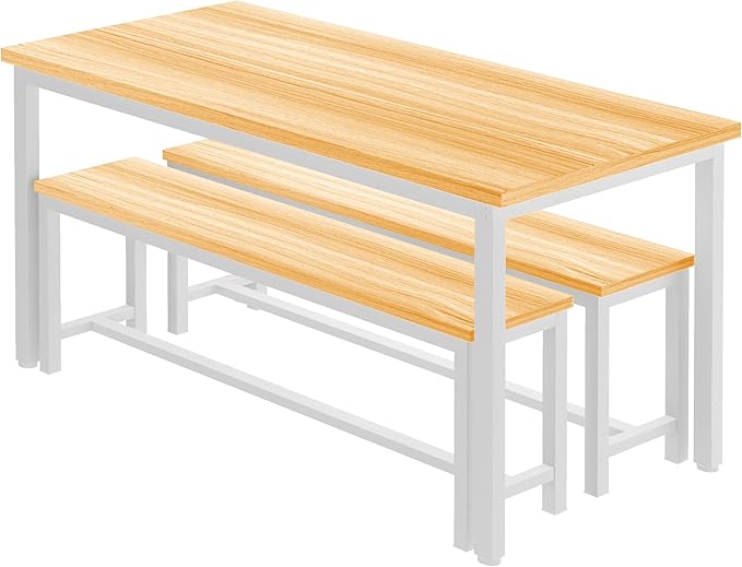 DKLGG Dining Table Set for 4, 47.2'' Kitchen Table with 2 Benches, 3 Piece Farmhouse Dining Room Table Set, Space-Saving Dinette for Kitchen, Dining Room, Apartment, Metal Frame & MDF Board
