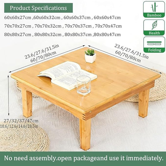 Folding Table, Japanese-Style Household Square Bamboo Tables, Computer Table, Desk, Low Bamboo Tables, Multi-Function Small Dining Table, Various Sizes (Size : 80x80×32cm)