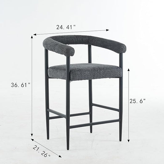 Set of 2 Modern Upholstered Bar Stools, Dark Grey Boucle Fabric, 24.41”L x21.26”W x36.61”H, Metal Frame & Armrests, Counter Height for Kitchen Island/Home/Dining Room/Cafe