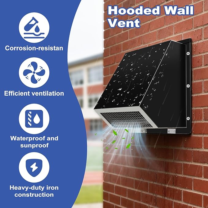 10 Inch Hooded Wall Vent with Screen and Damper, 10 Inch Range Hood Wall Vent Cap, Wall Exhaust Vent Cover, Outdoor Hooded Wall Vent for Dryer Vent, Outside Exterior Mount, Range Hood, Kitchen, Black
