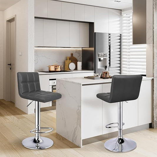 ERGOSEAT Bar Stools Set of 2, Armless Adjustable Swivel Barstools with Back, Double Needle PU Leather Counter Height Bar Stools for Kitchen Island, Grey